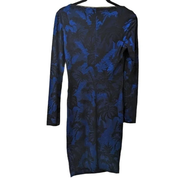 REISS Saffina Blue/Black Tropical Jacquard Jersey Bodycon Silhouette Dress (4) - Picture 2 of 5